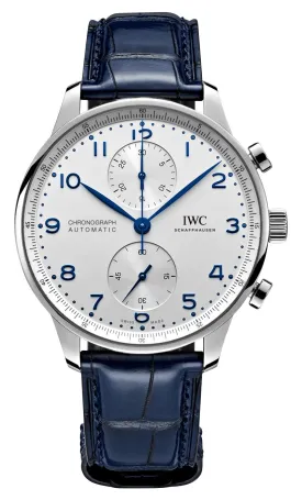 IWC Portugieser Automatic Chronograph Stainless Steel Silver-Tone Dial Blue Leather Strap Mens Watch IW371605