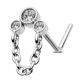 20G Clear CZ Bezel Setting Chain Style L Shape Nostril Stud