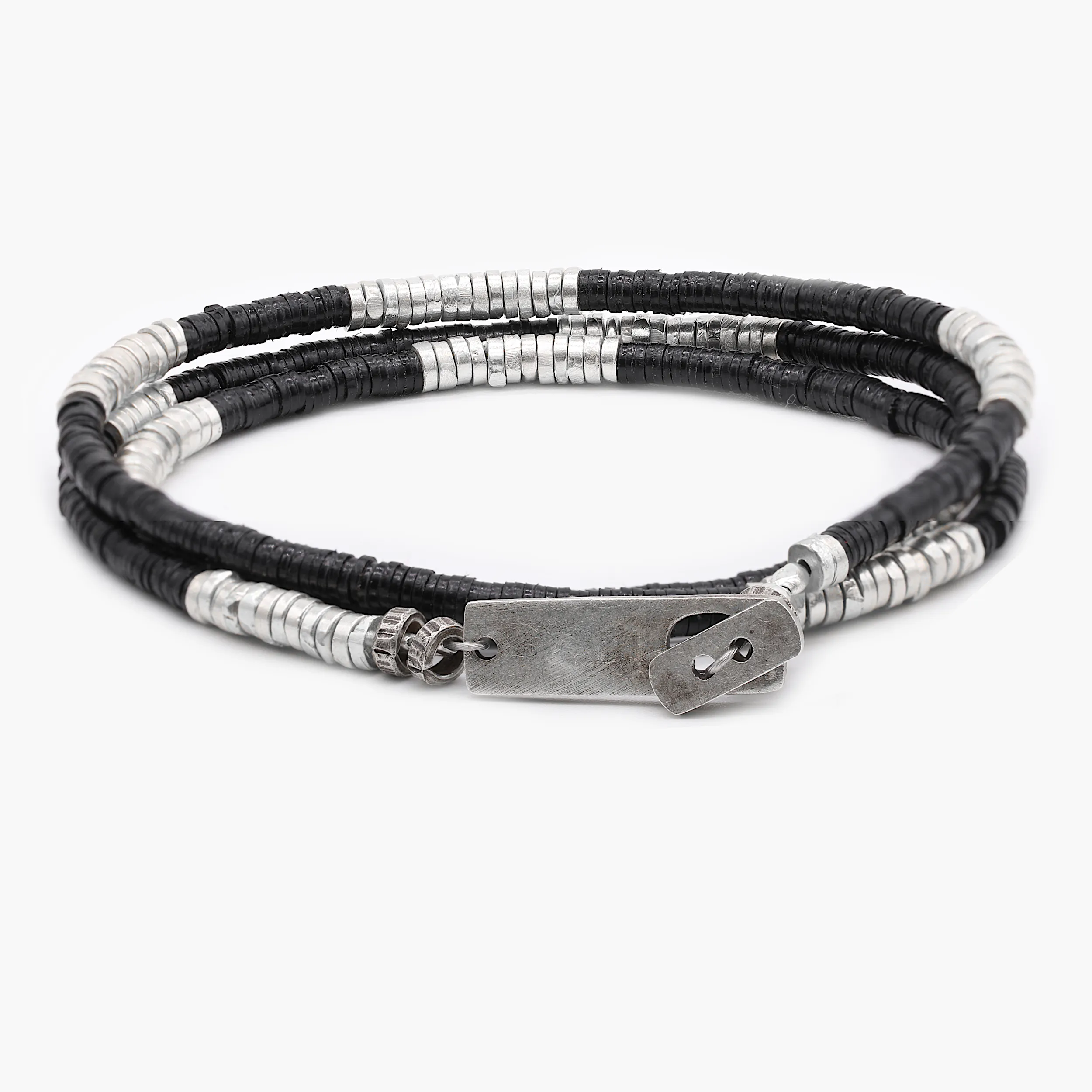 3 Laps Bracelet With Vinyl And Sterling Silver Beads (Black)