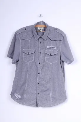 American Rag CIF Mens L Casual Shirt Black Cotton Checkered Popper Buttons Short Sleeve