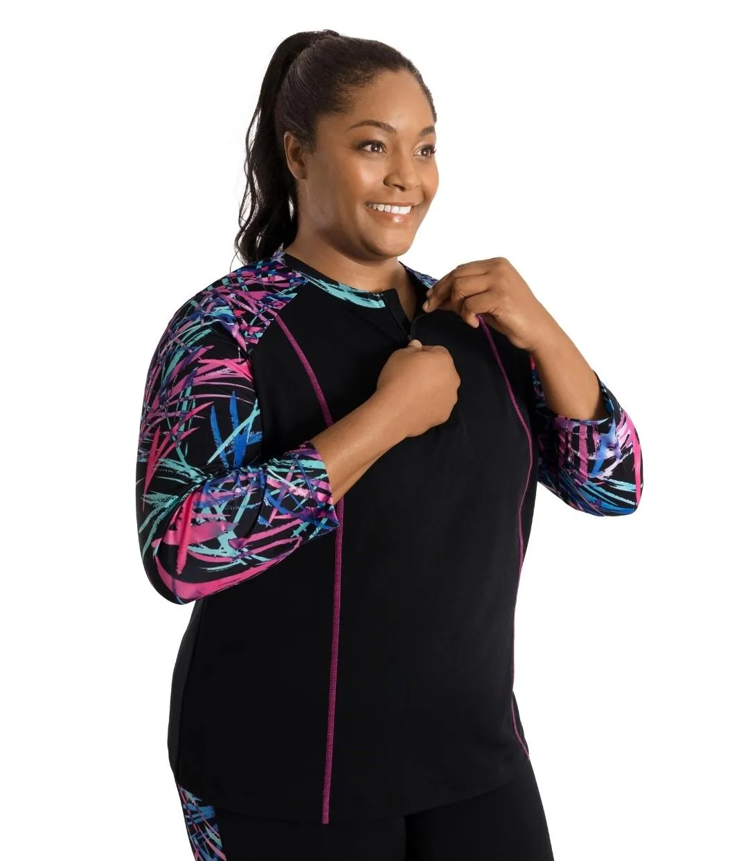 AquaSport Long Sleeve Rash Guard Sunset Palm Print Black