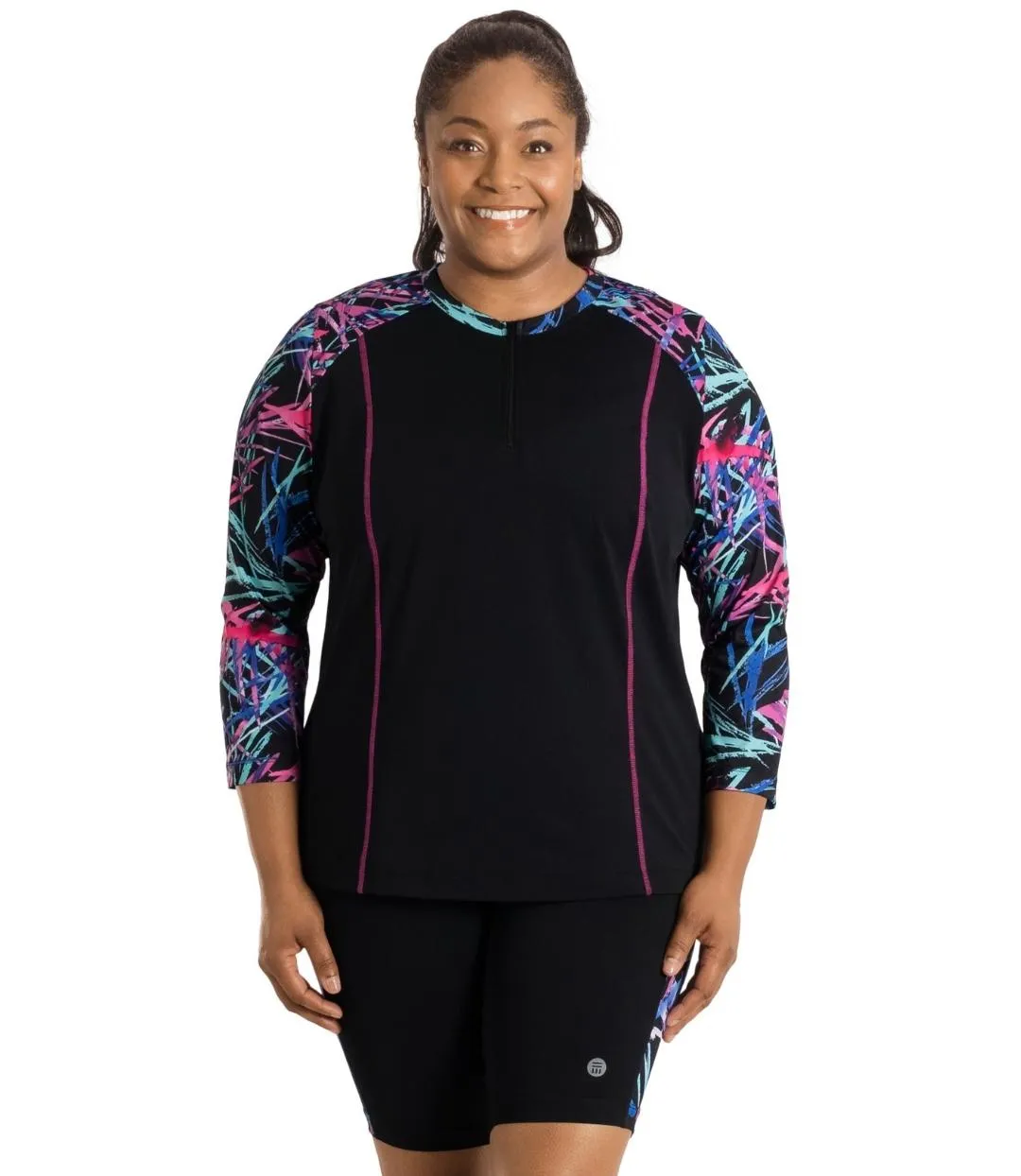 AquaSport Long Sleeve Rash Guard Sunset Palm Print Black