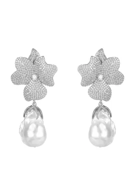 Baroque Pearl White Flower Drop Earring Silver