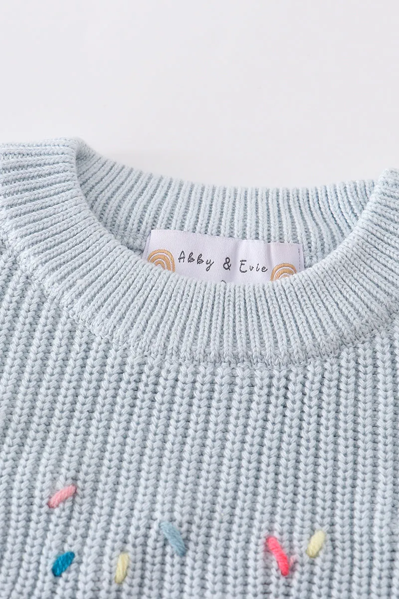 Blue hand-embroidery one&two pullover sweater