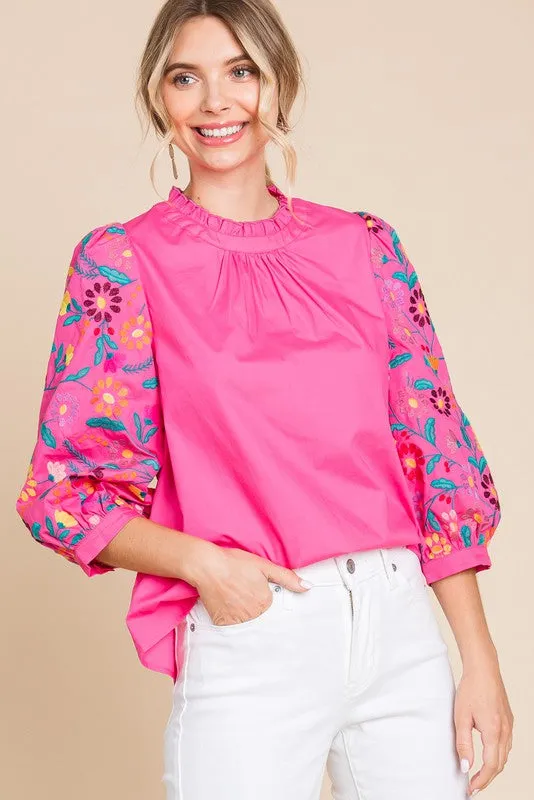 BUBBLE GUM PINK 3/4 SLEEVES TOP WITH EMBROIDERY AND BUTTON BACK