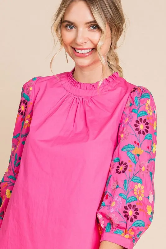 BUBBLE GUM PINK 3/4 SLEEVES TOP WITH EMBROIDERY AND BUTTON BACK