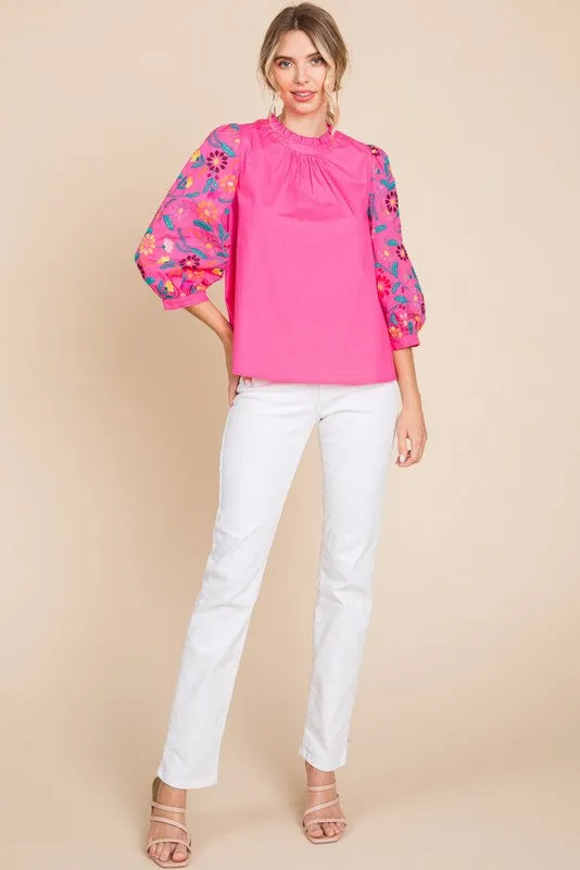 BUBBLE GUM PINK 3/4 SLEEVES TOP WITH EMBROIDERY AND BUTTON BACK