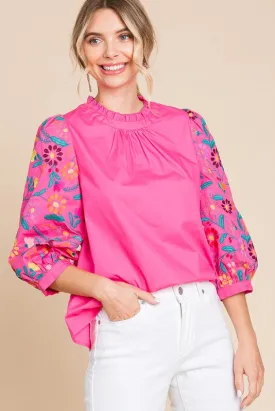 BUBBLE GUM PINK 3/4 SLEEVES TOP WITH EMBROIDERY AND BUTTON BACK