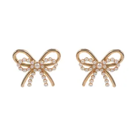 Cream Gold Pearl Metal Bow Earrings