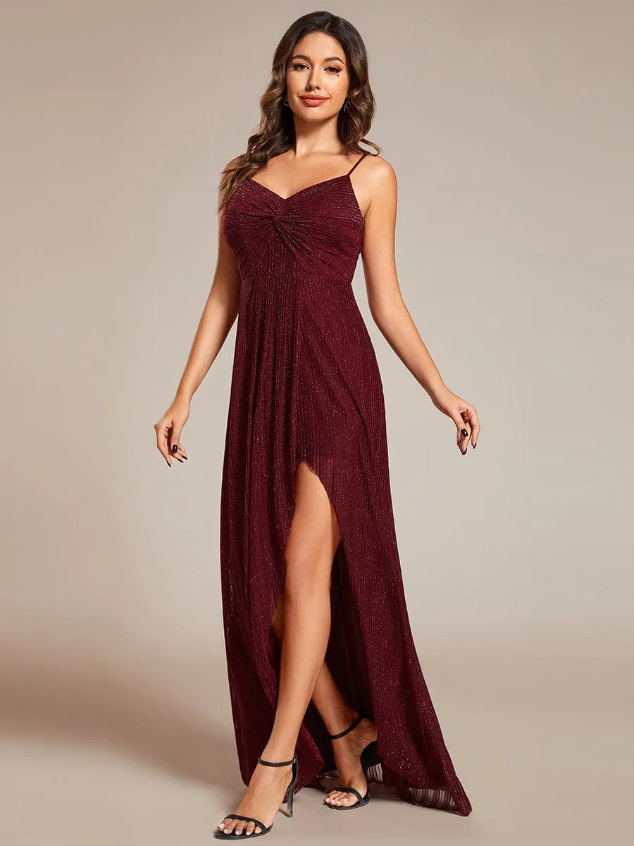 Elegant High Slit V-Neck Sleeveless Formal Evening Dress with Pleating