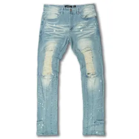 F1748A Shredded Biker Denim Jeans w/ Bottom Leg Zipper | 32-inch Inseam - Light Wash