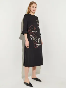 Floral Embroidered Cotton Poplin Midi Dress, Black