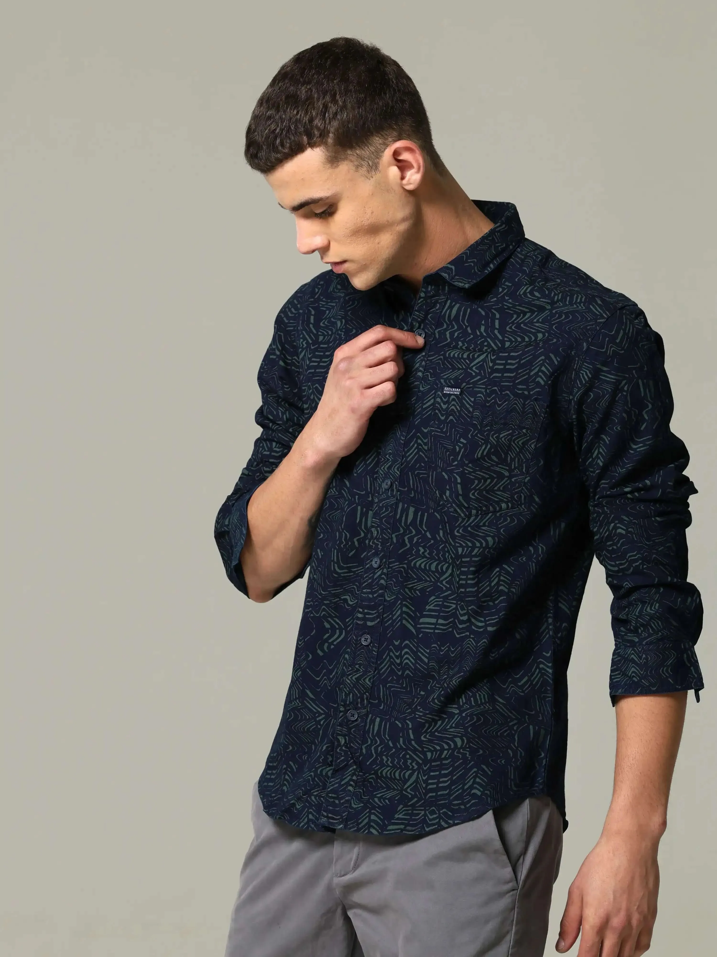 Indigo tribal tattoo printed full sleeve casual shirt