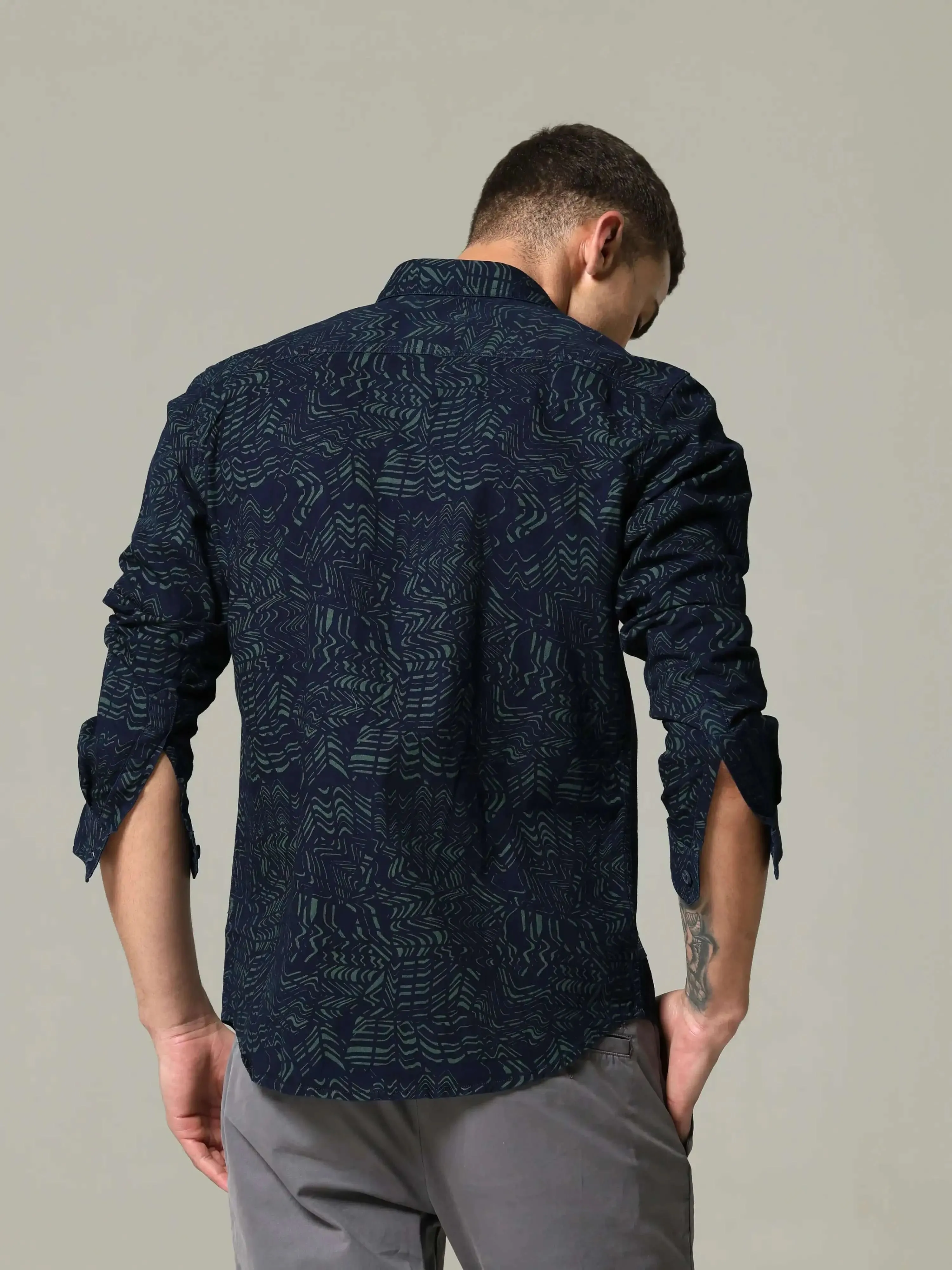 Indigo tribal tattoo printed full sleeve casual shirt