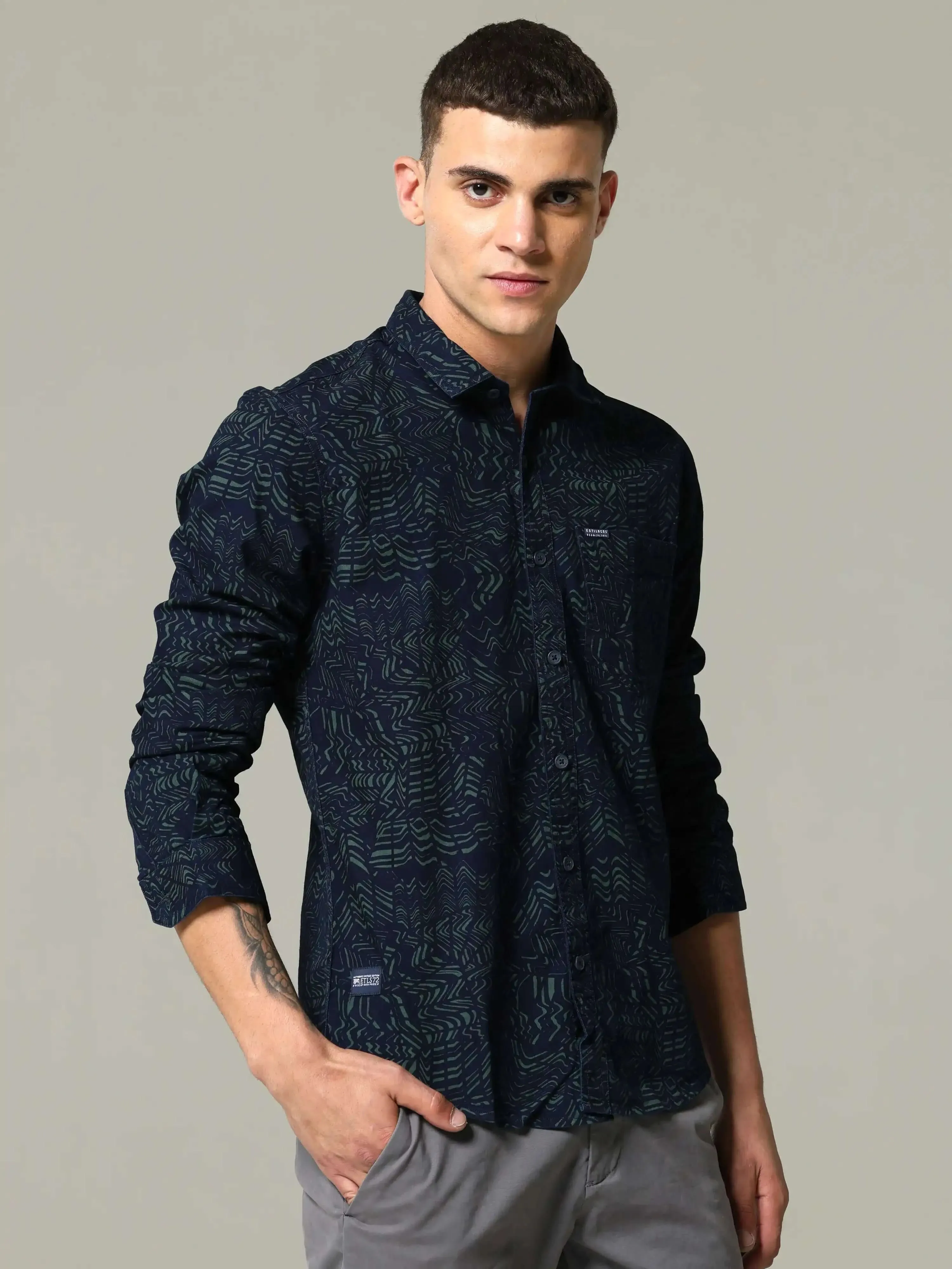 Indigo tribal tattoo printed full sleeve casual shirt