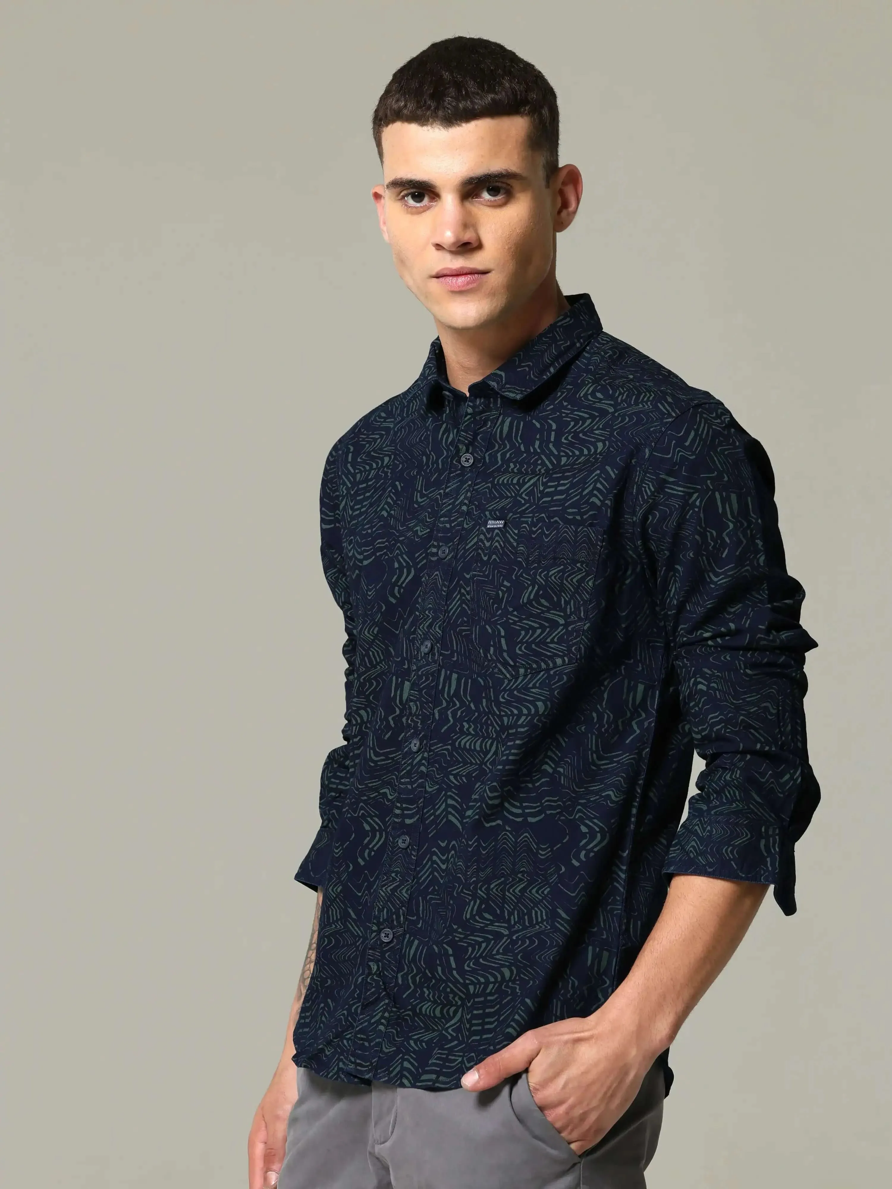 Indigo tribal tattoo printed full sleeve casual shirt