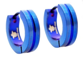 Mens 14mm Blue Plated Stainless Steel Divoted Hoop Earrings