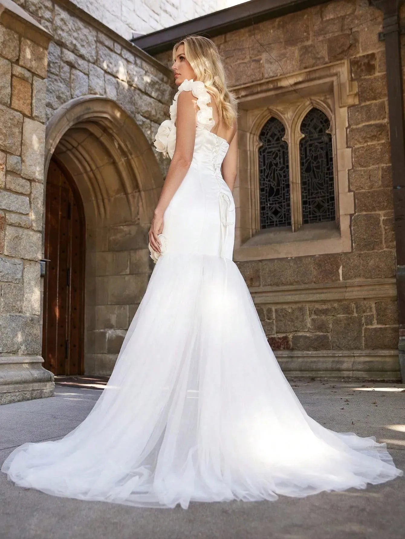 One Shoulder High Low Hem Mesh Overlay Wedding Dress