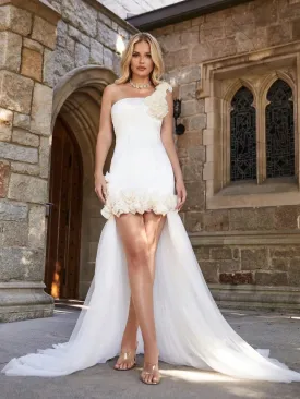 One Shoulder High Low Hem Mesh Overlay Wedding Dress