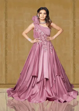 Pink Sculpted One-shoulder Embroidered Silk Wedding Reception Gown