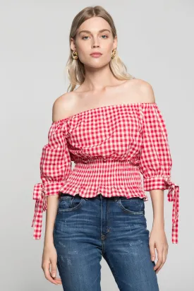 Red and White Smocked Waist Gingham Top