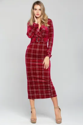 Red and White Tartan Print Belted Midi Dress