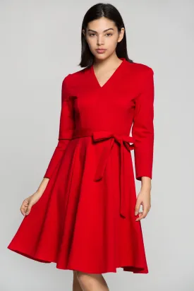 Red Midi Dress with Bow Belt