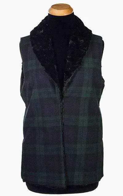 Shawl Collar Vest, Reversible less pockets - Wool Plaid with Cuddly Faux Fur (One Long Medium Twilight Left)