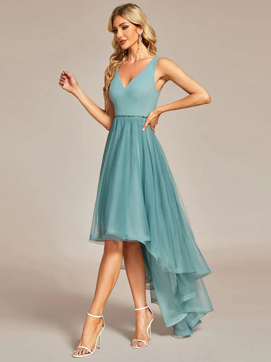 Sleeveless Tulle High Low Prom Dress with Waist Chain