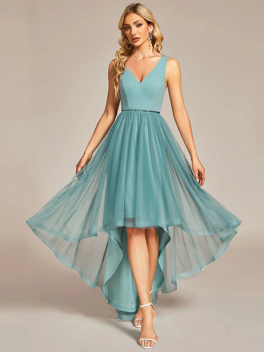 Sleeveless Tulle High Low Prom Dress with Waist Chain