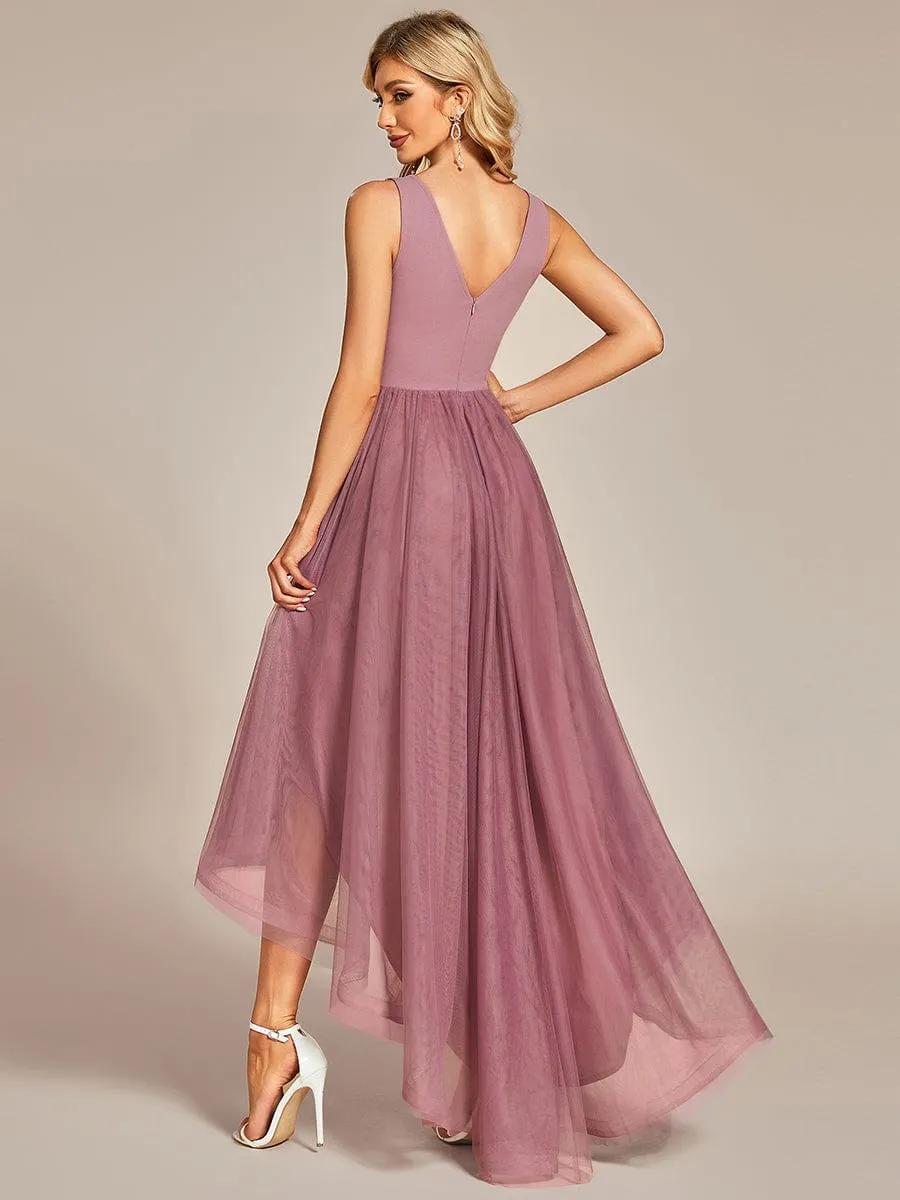 Sleeveless Tulle High Low Prom Dress with Waist Chain